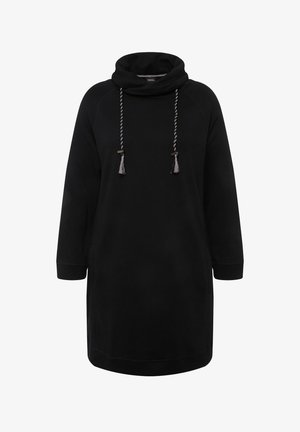 Robe sweat noire avec col drapé, dotée de manches longues, de poches latérales et d'un cordon de réglage avec des franges. Texture lisse.