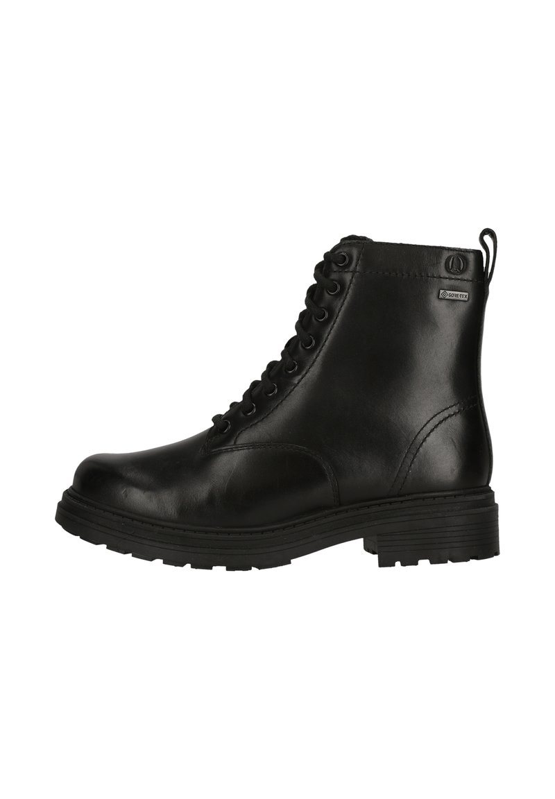 Stivale alla caviglia in pelle nera con punta rotonda, design con lacci, tomaia texturizzata, tallone rinforzato e suola in gomma nera. Presenta un'etichetta impermeabile.