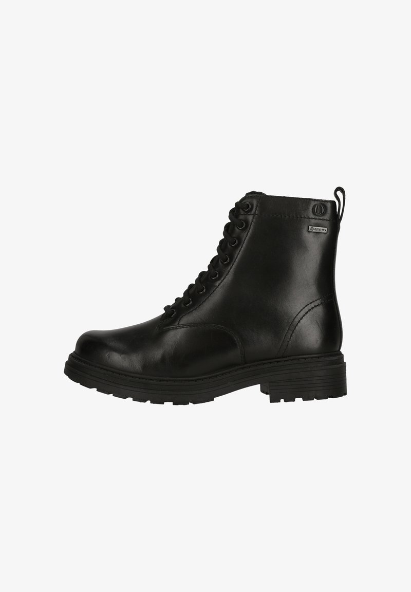 Stivale alla caviglia in pelle nera con punta rotonda, design con lacci, tomaia texturizzata, tallone rinforzato e suola in gomma nera. Presenta un'etichetta impermeabile.