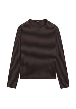 Černé a tmavě hnědé pruhované tričko s dlouhým rukávem a kulatým výstřihem, s rovnou spodní hranou, položené na bílém pozadí.
