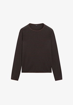 T-shirt à manches longues à rayures noires et brun foncé avec un col rond et un ourlet droit, présenté à plat sur un fond blanc.