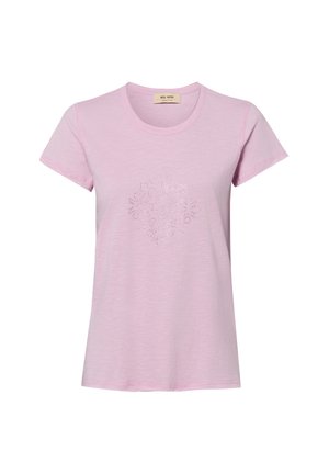 Hellrosa T-Shirt mit kurzen Ärmeln und rundem Halsausschnitt sowie einem dezenten Blumenmuster in der Mitte vorne.