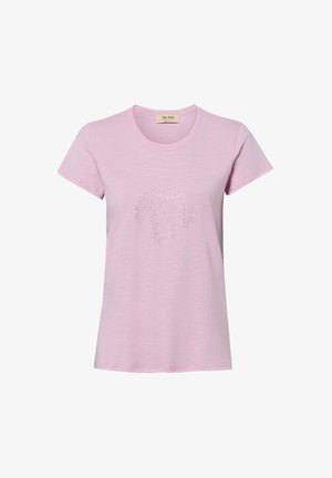 T-shirt rose clair à manches courtes avec un col rond et un motif floral subtil au centre devant.