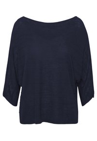 Marinblå lös top med vid halsringning, ¾-lång ärm, strukturerad stickad tyg och rak fåll.