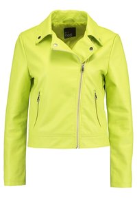 Jasně neonově zelená kožená bunda se zipem vpředu, vykrojeným límcem, dvěma zipovanými kapsami a hladkou strukturou. Střižená na míru a moderní design.