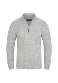 Grauer Kabelstrickpullover mit einem Viertelreißverschluss, ausgestattet mit einem gerippten Kragen und Bündchen. Hergestellt aus strukturiertem Stoff mit erhabenen Mustern.