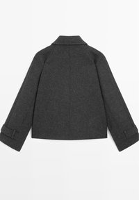 Gray wool coat featuring a classic collar, dropped shoulders, and cuffed sleeves with a textured finish. Back view shows clean lines and minimal design.