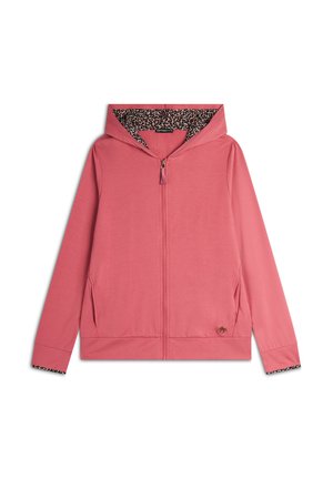 Hoodie zippé rose en tissu doux, avec une capuche et des poignets doublés de motif léopard, des poches latérales et un détail de logo sur le devant.