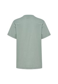 Plain light green short-sleeve t-shirt shown from the back, with a round neckline and simple stitching details.