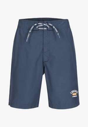 Marinblå badshorts med elastisk midja, främre snöre och Lonsdale-logotyp i vitt och orange på nedre högra sidan.