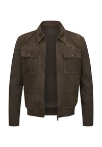 Braune Wildlederjacke mit einem Reißverschluss, zwei Brusttaschen, gerippten Bündchen und Saum. Hat eine glatte Textur und ein strukturiertes Design.