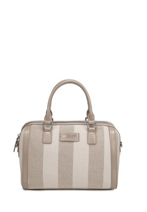 Sac à main rayé beige et crème avec des poignées en cuir arrondies et une étiquette « DIANA&CO FIRENZE » au centre devant.