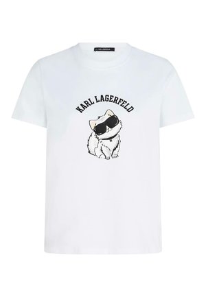 Fehér rövid ujjú ing, amelyen egy rajzolt macska látható fekete napszemüvegben, és a macska felett a "KARL LAGERFELD" felirat.