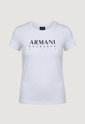 T-shirt bianca a maniche corte con scollo tondo e logo nero "ARMANI EXCHANGE A I X" centrato sul petto.