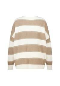 Gebreide trui met brede beige en witte strepen, ontspannen pasvorm, verlaagde schouders en geribbelde textuur, met een zachte constructie.