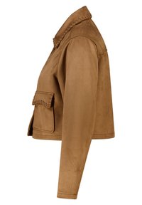 Veste en daim marron avec un col, une poche avant unique avec des détails cousus, et des manches longues.