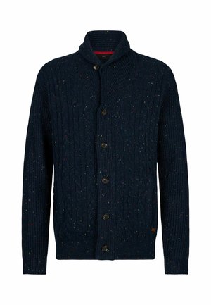 Cardigan navy in maglia a trecce realizzato in un tessuto testurizzato, presenta un colletto a scialle, sei bottoni e macchie colorate sparse in tutto il design.