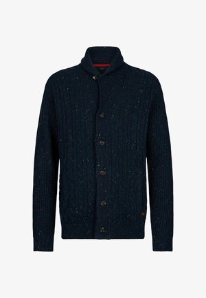 Cardigan navy in maglia a trecce realizzato in un tessuto testurizzato, presenta un colletto a scialle, sei bottoni e macchie colorate sparse in tutto il design.