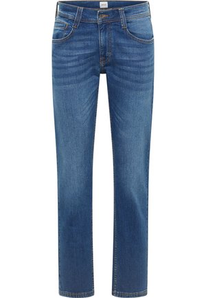 Blaue Denim-Jeans mit geradem Schnitt, ausgestattet mit einem Fünf-Taschen-Design, Metallknopfverschluss und dezentem Verblassen des Stoffs.