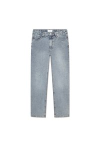 Light blue denim jeans with a straight cut, five-pocket design, button fly, subtle fading, and stitched detailing along the pockets.