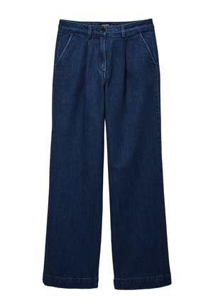 Jean large bleu foncé en denim, avec une fermeture à bouton, des passants de ceinture et des poches avant. Le tissu a une texture lisse.