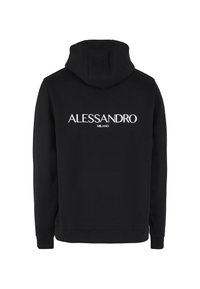 Μαύρο φούτερ με κουκούλα και λευκό κείμενο "ALESSANDRO MILANO" τυπωμένο στο κέντρο πίσω στο επάνω μέρος.