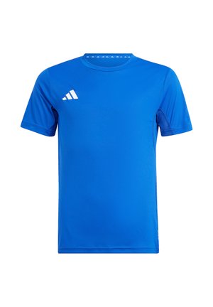 Maglietta sportiva blu a maniche corte con collo tondo e piccolo logo bianco sul petto sinistro, mostrata su sfondo bianco semplice.