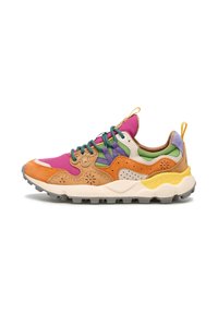 Multicolored sneaker featuring pink, orange, and green suede and mesh materials, with a thick white sole and textured grey rubber outsole.