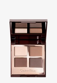 Compact eyeshadow palette with four matte shades in beige, taupe, brown, and dark brown, with a built-in mirror.
