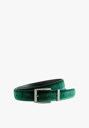 Green suede belt with a black leather interior, featuring a silver metal buckle and multiple holes for adjustable sizing.