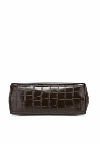 Geantă de mână rectangulară din faux leather lucios de culoare maro, cu un model texturat de crocodil. Suprafață netedă, design structurat și capac închis.