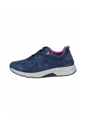 Navy suede sneaker with purple accents, laces, and a side zipper. White midsole adds contrast and traction. Reinforced heel for support.