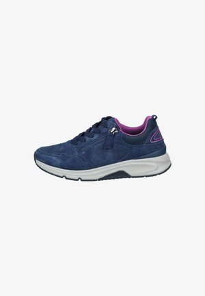 Navy suede sneaker with purple accents, laces, and a side zipper. White midsole adds contrast and traction. Reinforced heel for support.