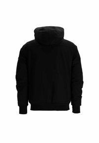 Crna hoodie s kapuljačom na užad, dugim rukavima i rebrastim završecima. Jednostavan, jednobojni dizajn s ravnim donjim rubom i bez vidljivih logotipa.