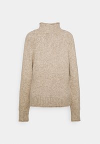 Beige Rollkragenpullover aus weichem Strickstoff. Mit gerippten Bündchen und Saum, in lässiger Passform und mit Raglanärmel. Ohne Muster.