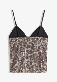 Leopardenmuster Pailletten-Camisole mit schwarzem Spitzenbesatz und verstellbaren Trägern. Verfügt über ein tailliertes Design und eine glänzende, strukturierte Oberfläche.