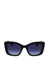 Cat-eye zonnebril met een zwart tortoise frame en gradient paarse lenzen. Heeft een gedurfde vorm en een gladde textuur.