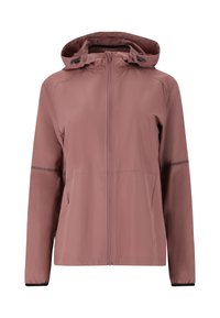 Lichte, roze, zip-up jas met kap, voorzien van elastische manchetten en een zachte textuur. Inclusief twee zijzakken en versterkte naden.