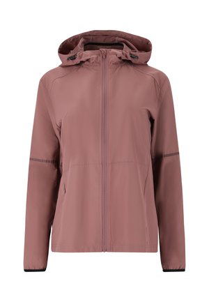 Lätt, rosa zip-up jacka med huva, med elastiska ärmslut och slät textur. Har två sidofickor och förstärkta sömmar.