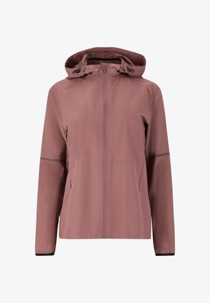 Letvægts, lyserød lynlåsjakke med hætte, der har elastiske manchetter og en glat overflade. Inkluderer to sidelommer og forstærkede syninger.