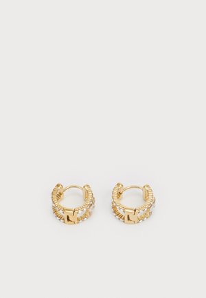 Gold hoop earrings with a textured design, featuring a row of small clear crystals and a clasp accent. Circular shape, polished finish.