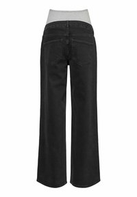 Jeans de maternité noirs à jambes larges avec deux poches arrière et une ceinture élastique grise pour le soutien du ventre.