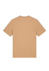 Kurzarm-T-Shirt in hellbrauner Farbe, aus weicher Baumwolle, mit klassischem Rundhalsausschnitt und glattem, einfarbigem Design.