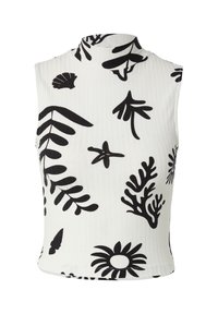 Sleeveless mock neck top, white with black floral and leaf patterns, ribbed texture, fitted silhouette, no visible fasteners or accents.