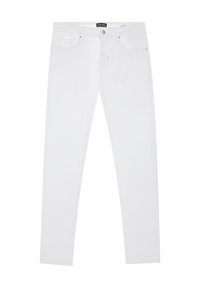 Vaqueros de denim blanco con un ajuste slim, que cuentan con un cierre de botón, un diseño de cinco bolsillos y detalles de costura sutiles en los bolsillos.