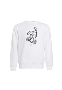 Felpa bianca con un coniglietto in peluche disegnato in stile schizzo, con un occhio barrato e dettagli cuciti sul retro.