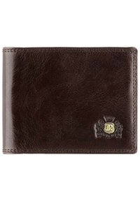 Portefeuille en cuir marron avec une texture lisse, des bords cousus et un détail d'emblème doré. Design plié avec une forme rectangulaire.