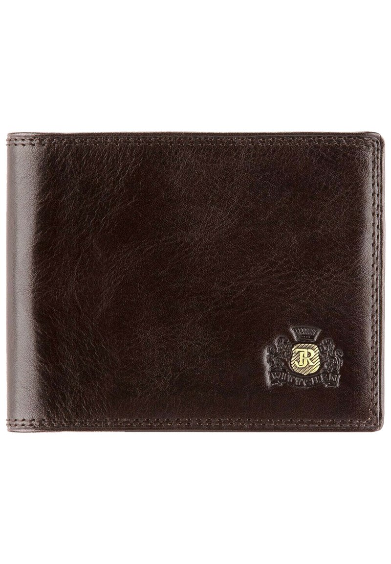 Portefeuille en cuir marron avec une texture lisse, des bords cousus et un détail d'emblème doré. Design plié avec une forme rectangulaire.