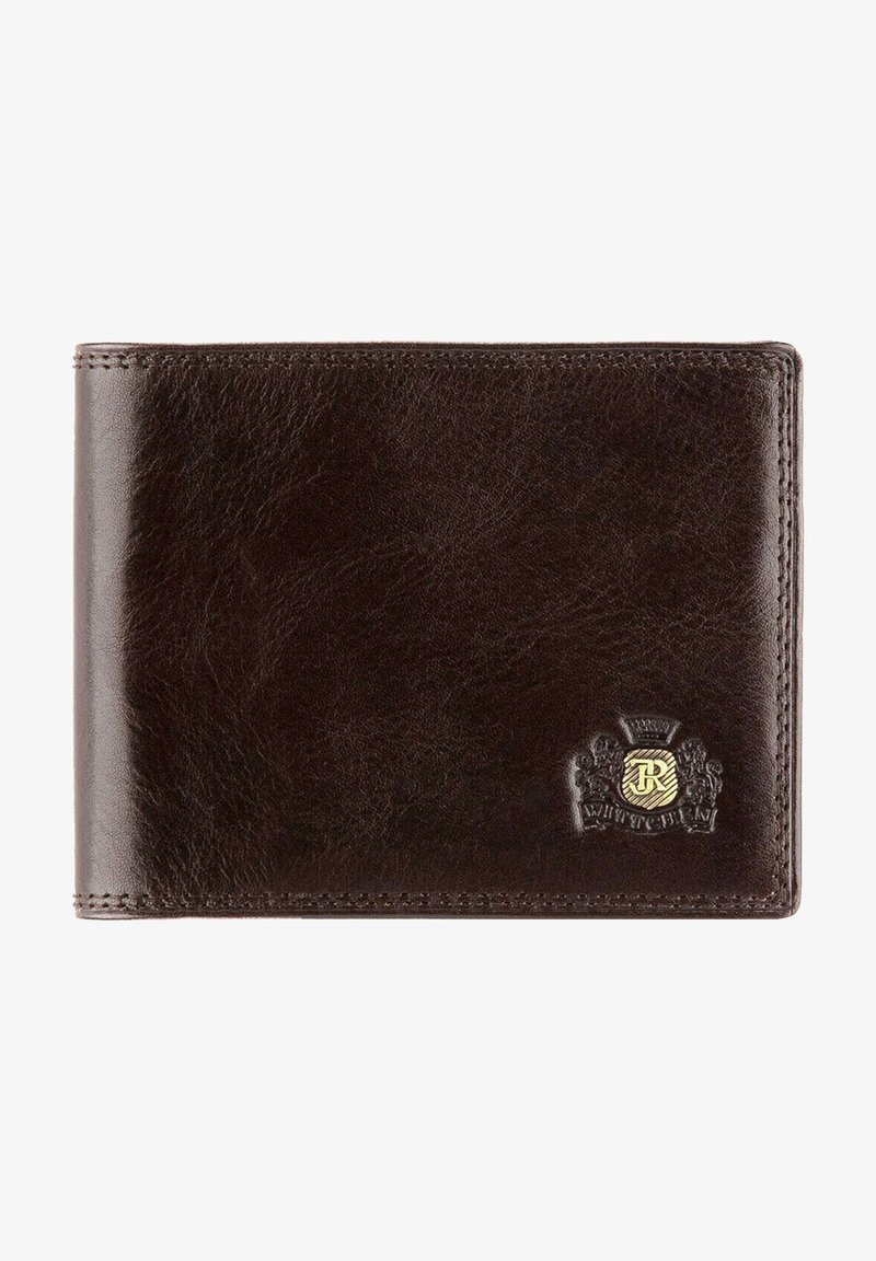 Brown leather wallet featuring a smooth texture, stitched edges, and a gold emblem detail. Folded design with a rectangular shape.