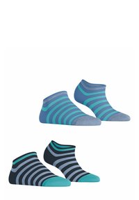 Gestreepte enkelsokken in blauwe en groene tinten, met verschillende streeppatronen. Zachte textuur met contrasterende kleuren voor de teen en de boord.